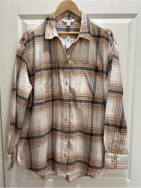 Old Navy Women's Cream and Brown Plaid Button-Up Shirt size XL Tall NWT